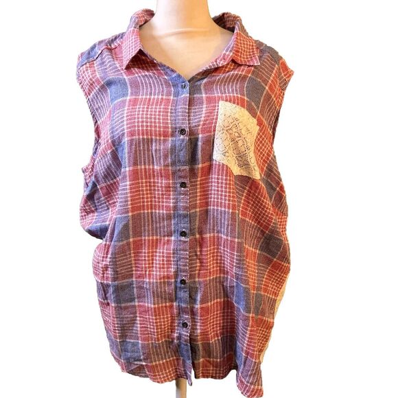 Ruff Hewn Womens Top Size XL Sleeveless Red Blue Striped button front - Picture 1 of 11